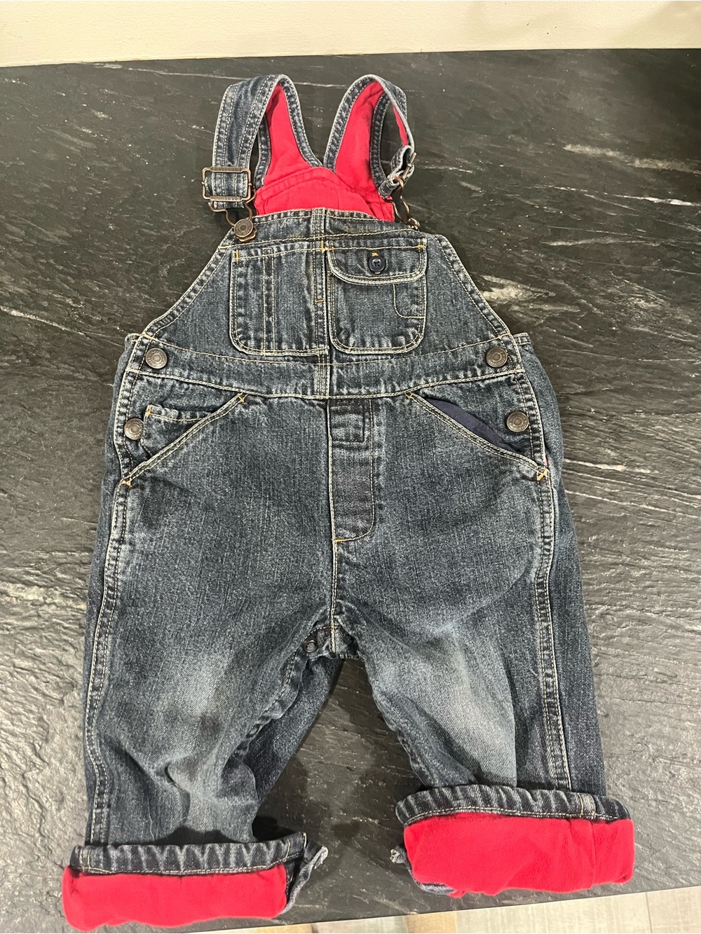 GAP Dark Denim Overalls with Red Lining
